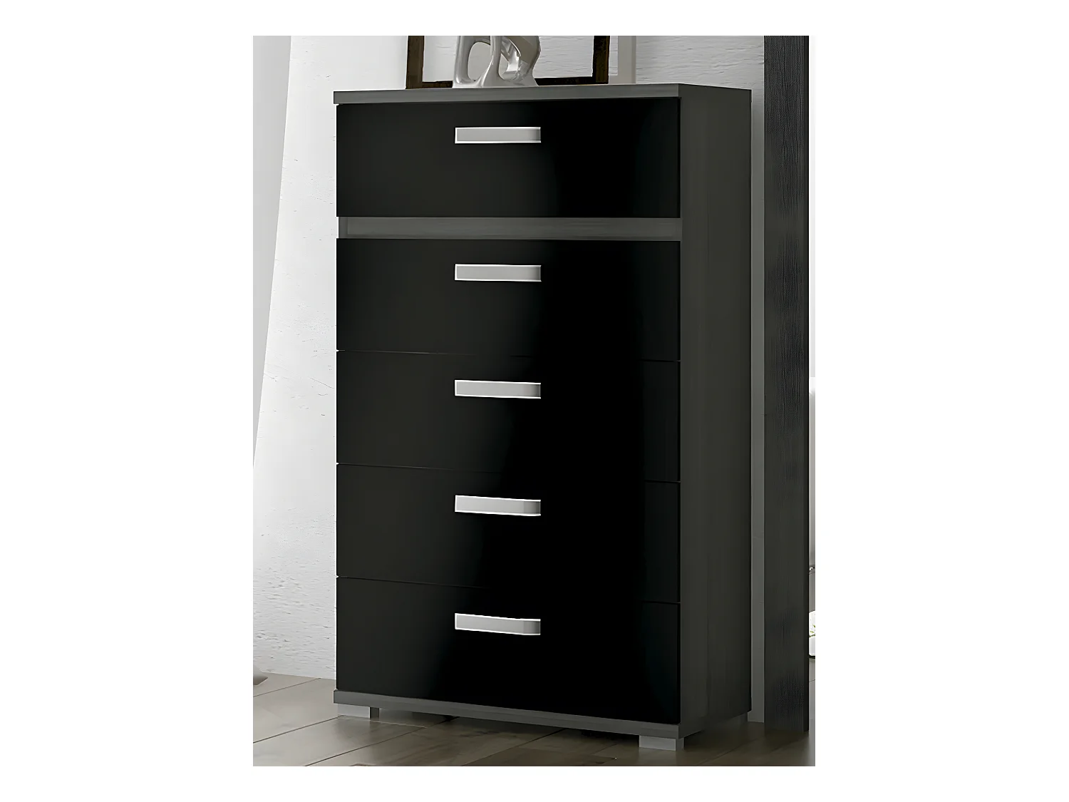 Chiffonnier commode meuble de rangement coloris chêne cendré/noir- Longueur 60 x Profondeur 39.6 x Hauteur 109.4 cm