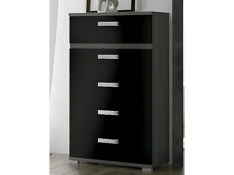 Chiffonnier commode meuble de rangement coloris chêne cendré/noir- Longueur 60 x Profondeur 39.6 x Hauteur 109.4 cm
