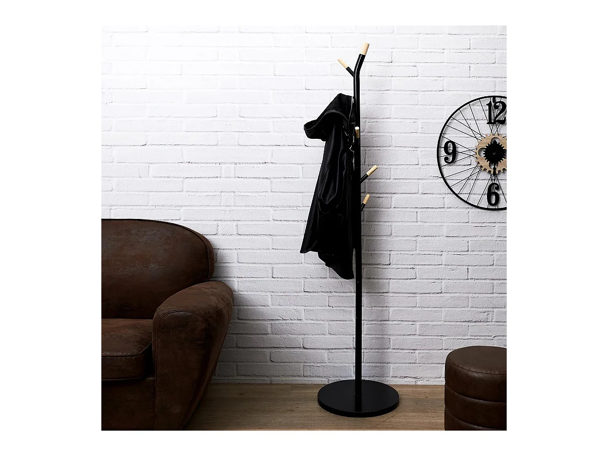 FORYA - Porte-Manteaux Noir et Effet Bois 6 Patères