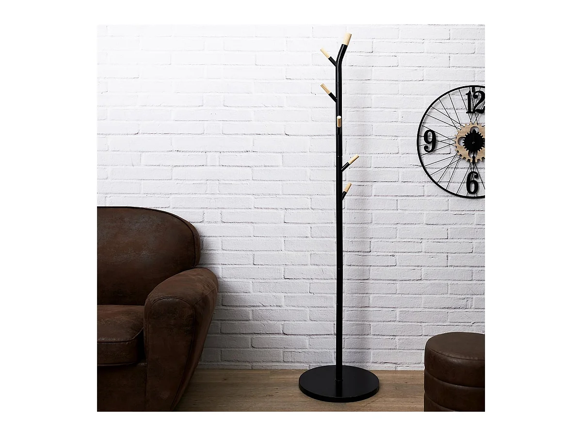 FORYA - Porte-Manteaux Noir et Effet Bois 6 Patères