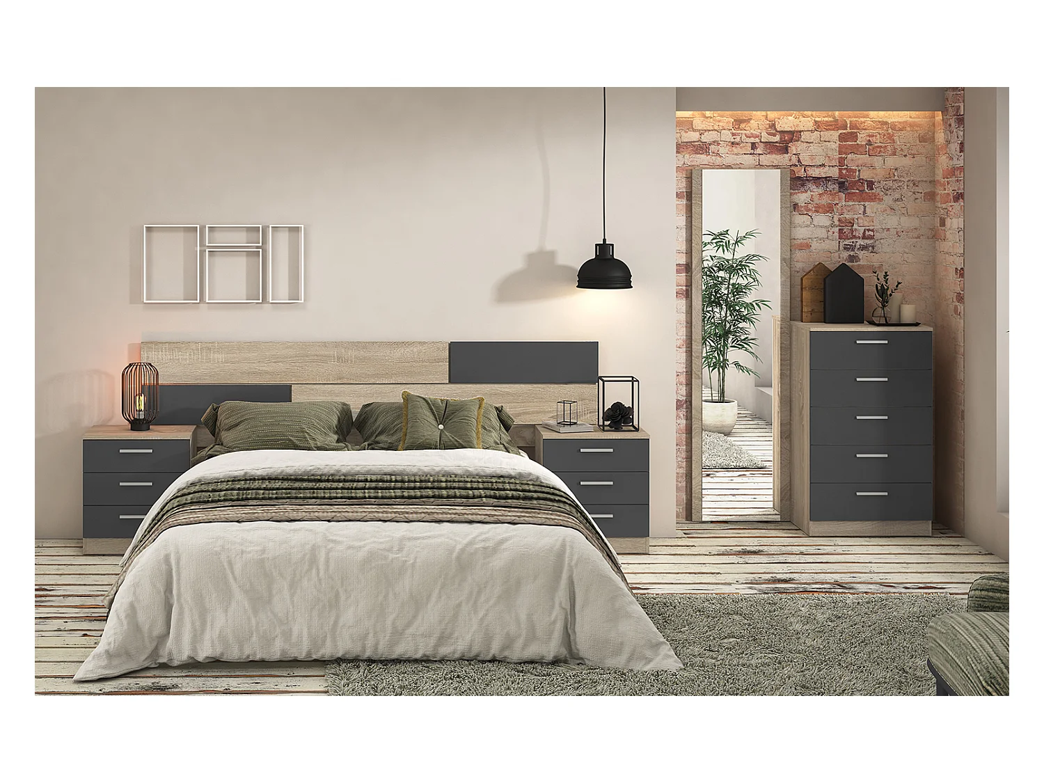 Table de nuit / Table de chevet coloris chêne cambrian/graphite - Longueur 50 x profondeur 34,6 x hauteur 60 cm