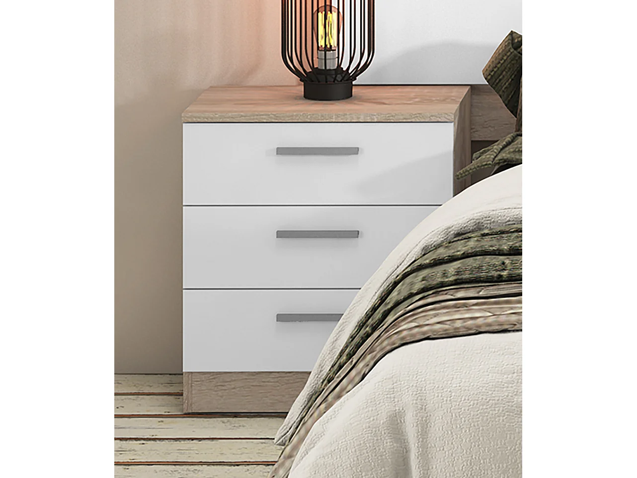 Table de nuit / Table de chevet coloris chêne cambrian/blanc - Longueur 50 x profondeur 35x hauteur 55 cm