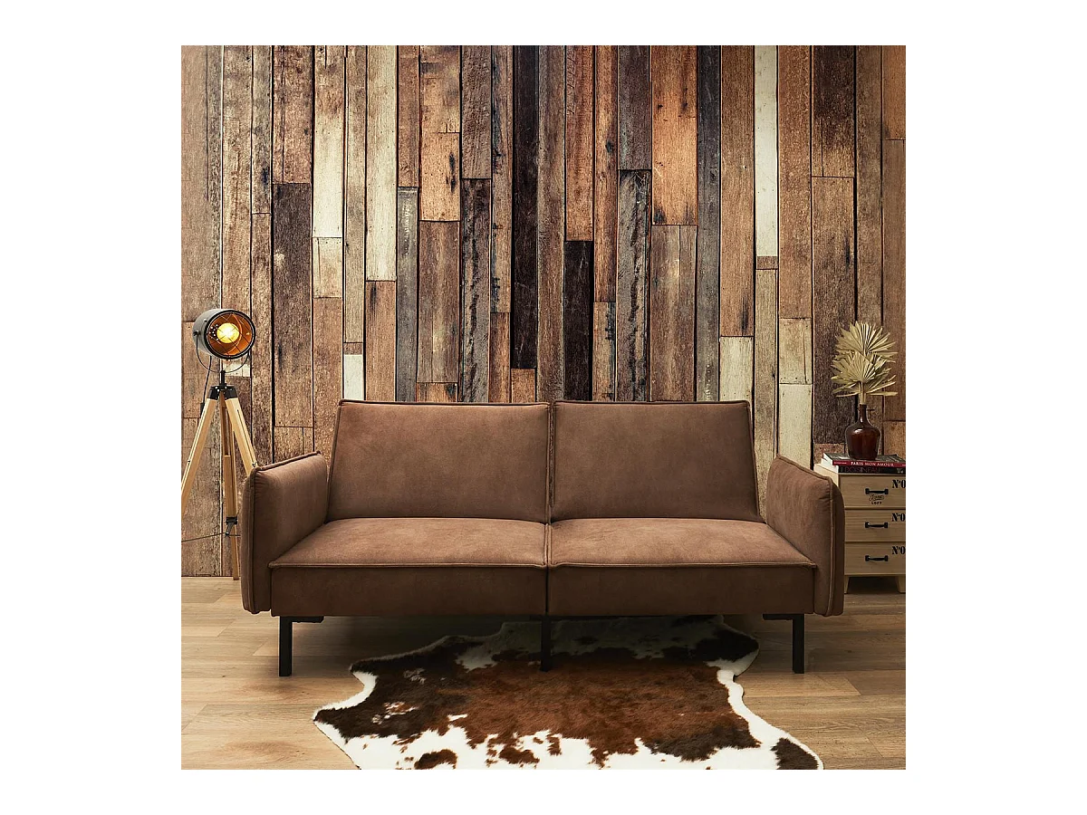 FLIP - Canapé Convertible Bois d'Eucalyptus Tissu Marron