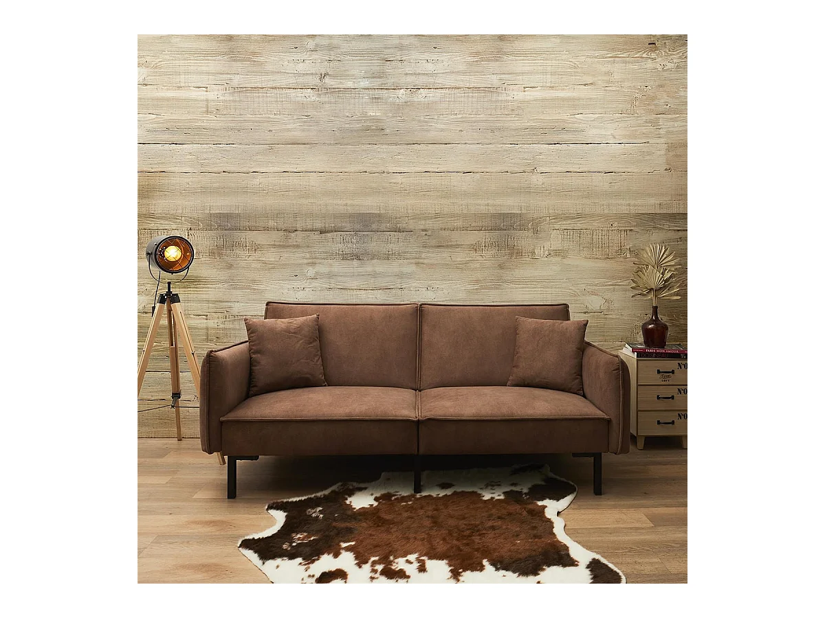 FLIP - Canapé Convertible Bois d'Eucalyptus Tissu Marron