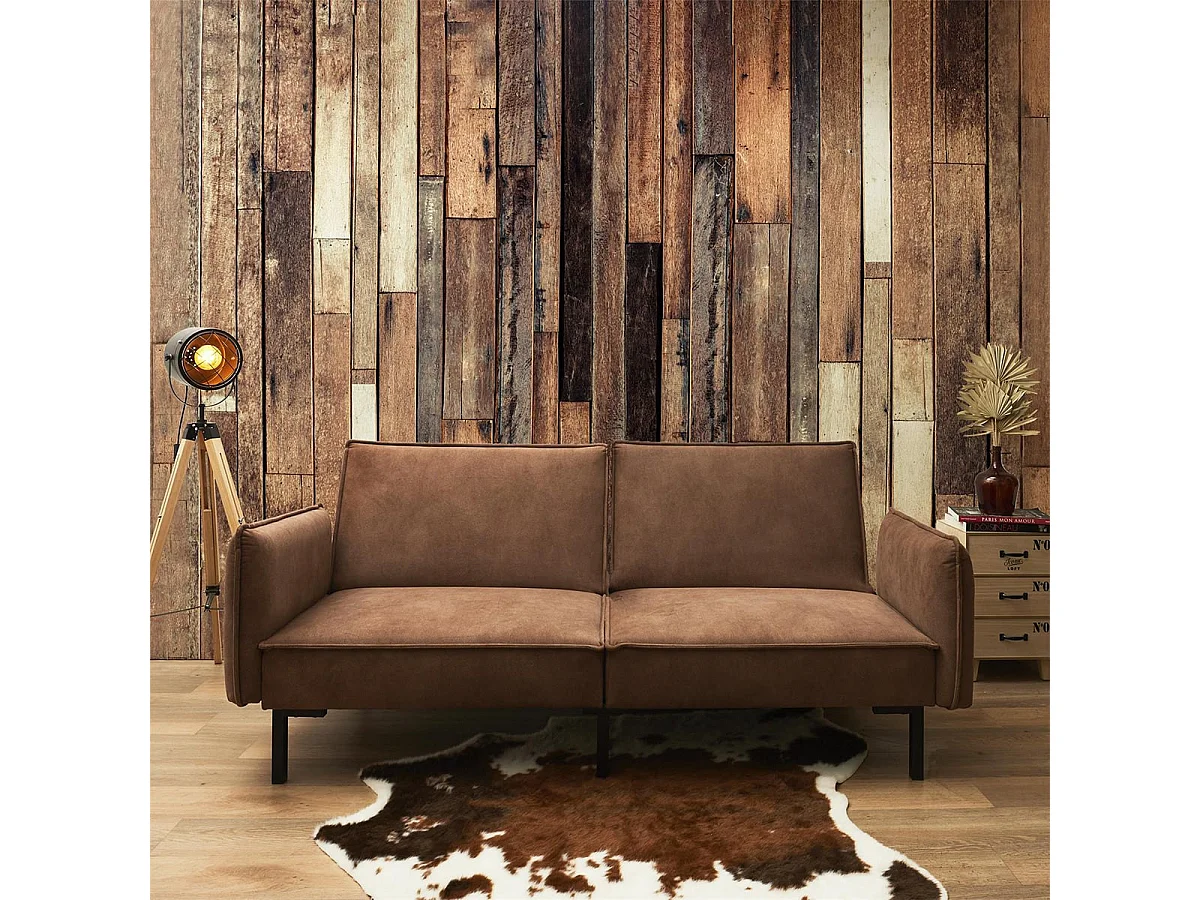 FLIP - Canapé Convertible Bois d'Eucalyptus Tissu Marron