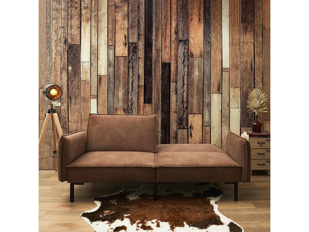 FLIP - Canapé Convertible Bois d'Eucalyptus Tissu Marron