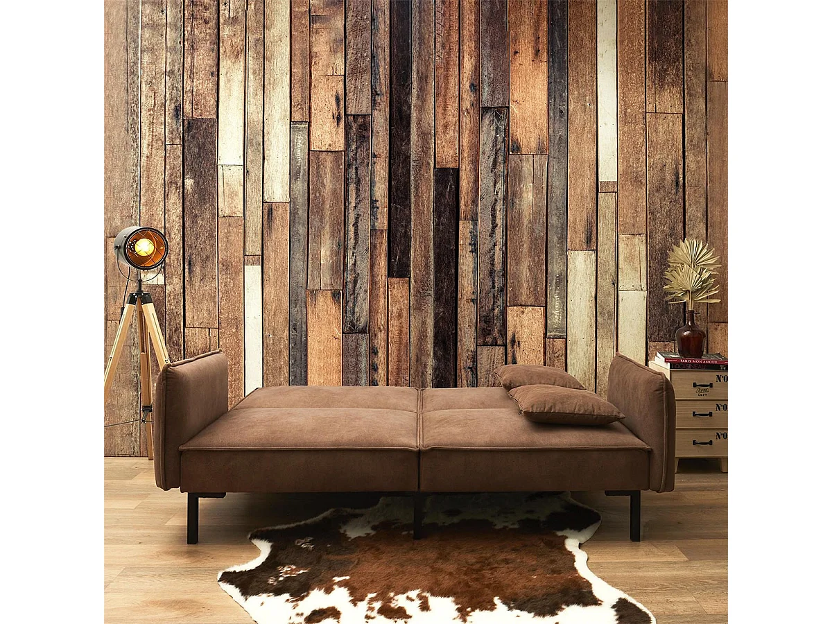 FLIP - Canapé Convertible Bois d'Eucalyptus Tissu Marron