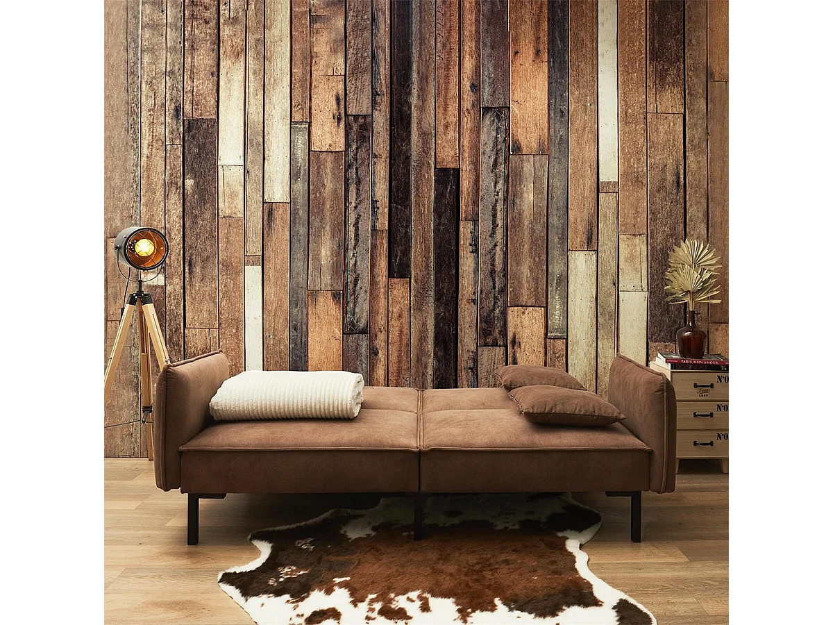 FLIP - Canapé Convertible Bois d'Eucalyptus Tissu Marron