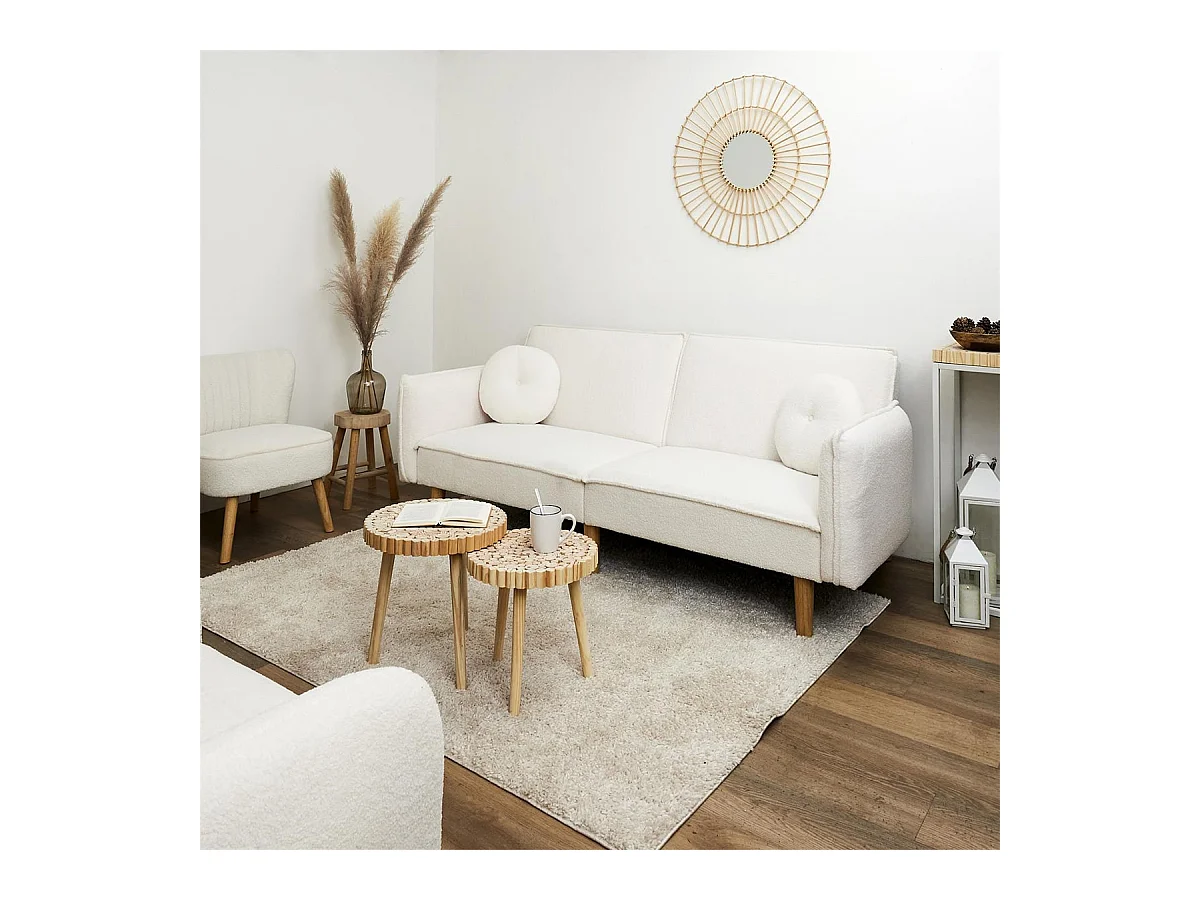 FLIP - Canapé Convertible Bois d'Eucalyptus Tissu Blanc