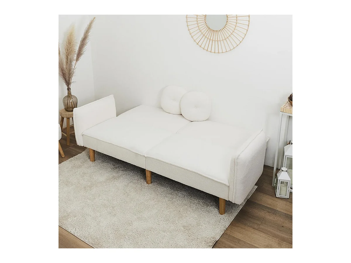 FLIP - Canapé Convertible Bois d'Eucalyptus Tissu Blanc