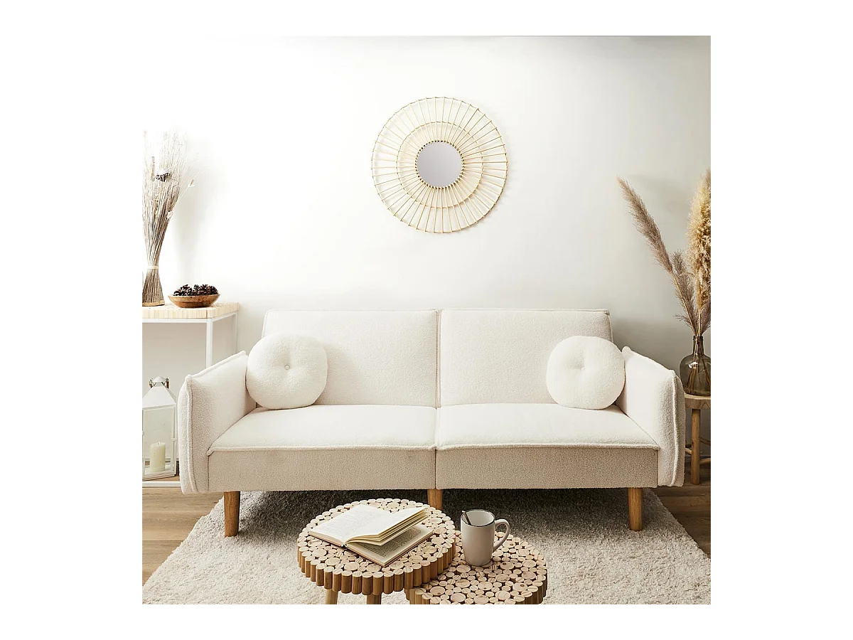 FLIP - Canapé Convertible Bois d'Eucalyptus Tissu Blanc