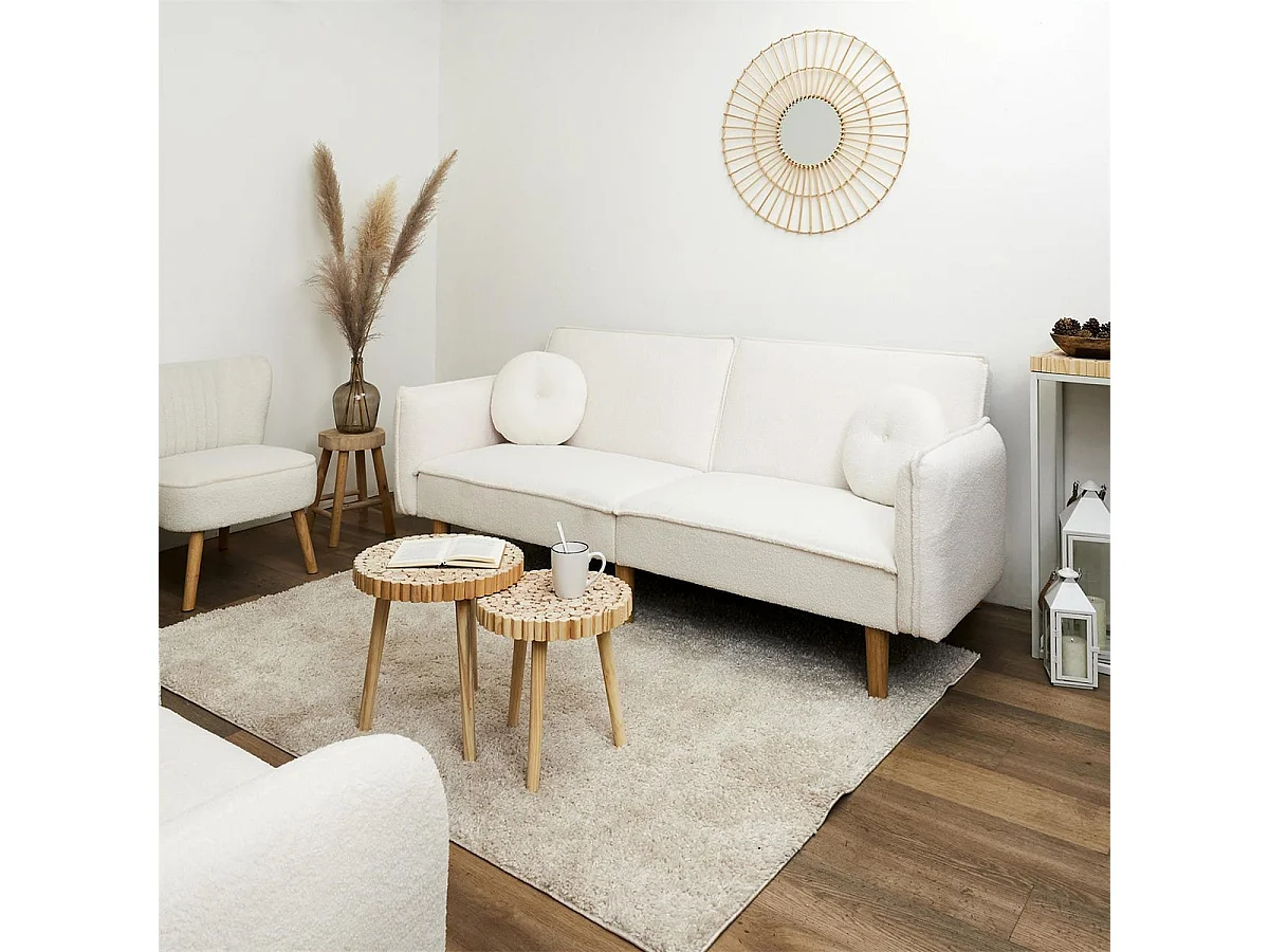 FLIP - Canapé Convertible Bois d'Eucalyptus Tissu Blanc