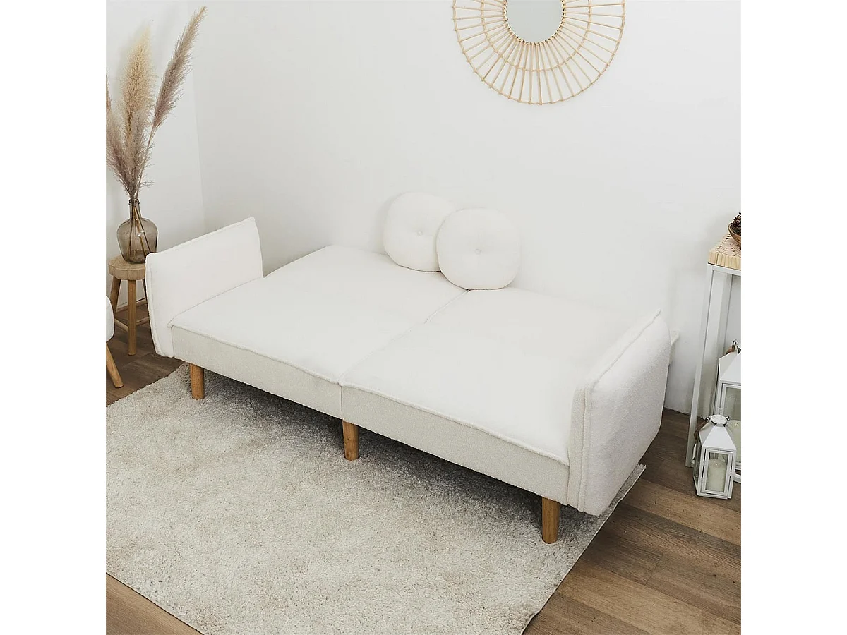 FLIP - Canapé Convertible Bois d'Eucalyptus Tissu Blanc