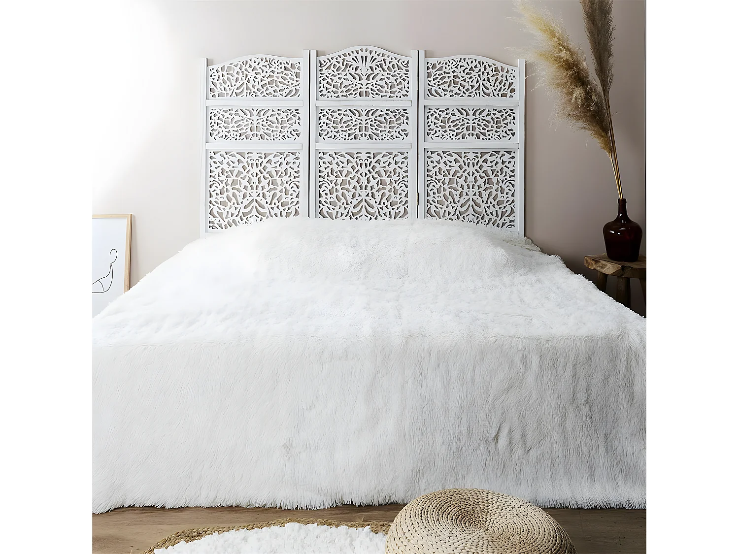 ROLNA - Tête de Lit Ajourée 140cm Bois de Paulownia Blanc