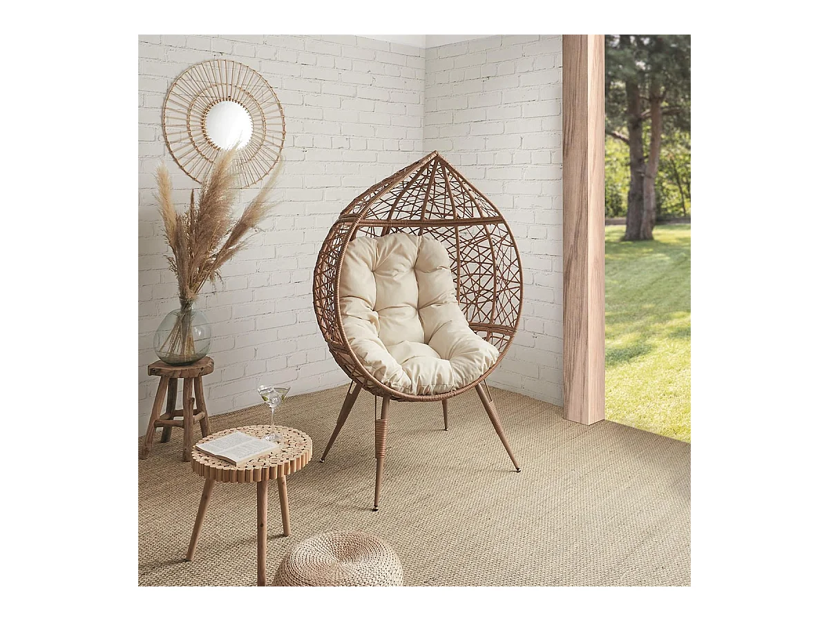 MERIDA - Fauteuil Cocon Effet Rotin Assise Capitonnée