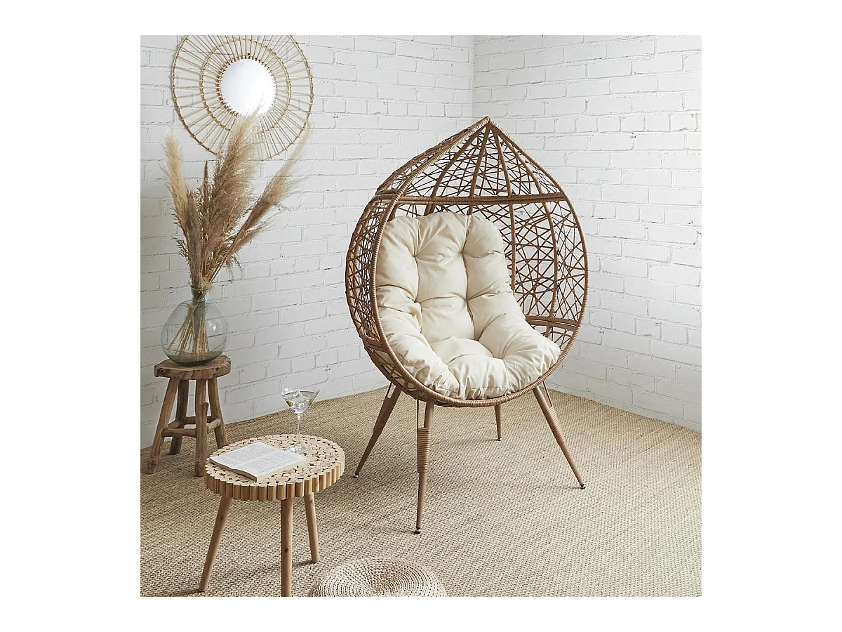 MERIDA - Fauteuil Cocon Effet Rotin Assise Capitonnée