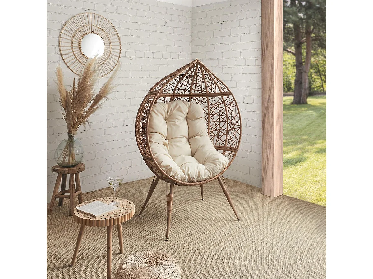 MERIDA - Fauteuil Cocon Effet Rotin Assise Capitonnée