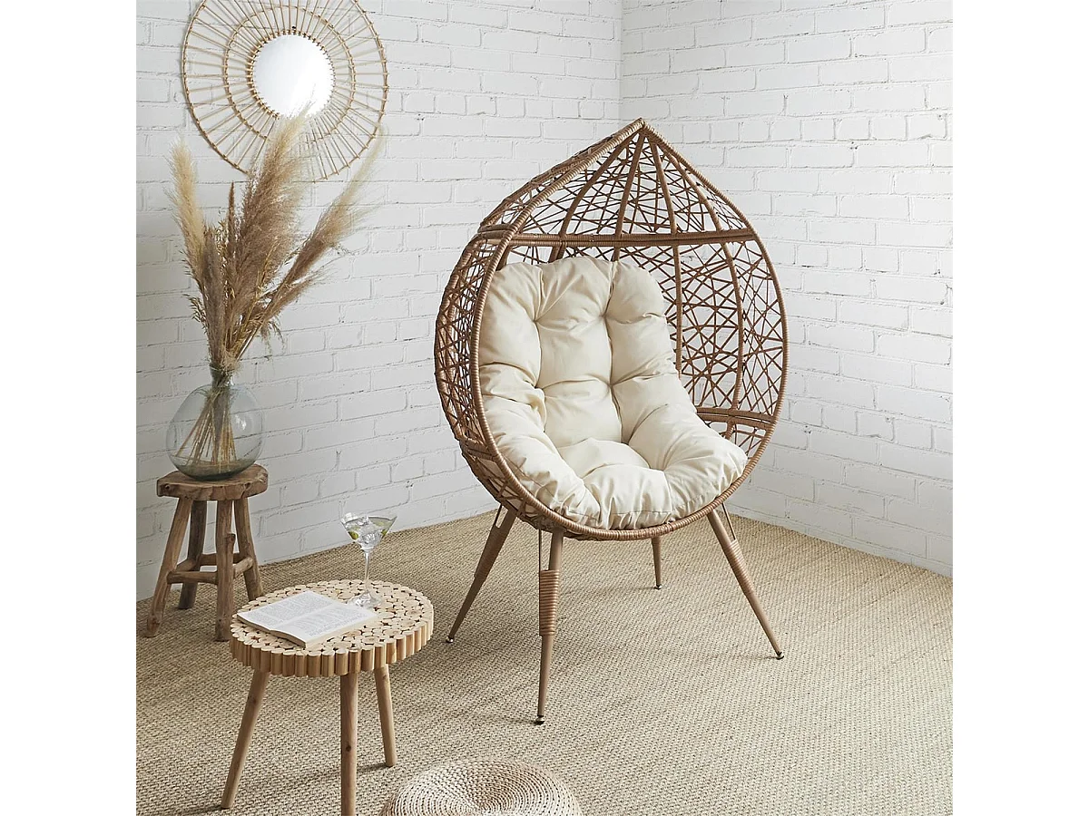 MERIDA - Fauteuil Cocon Effet Rotin Assise Capitonnée