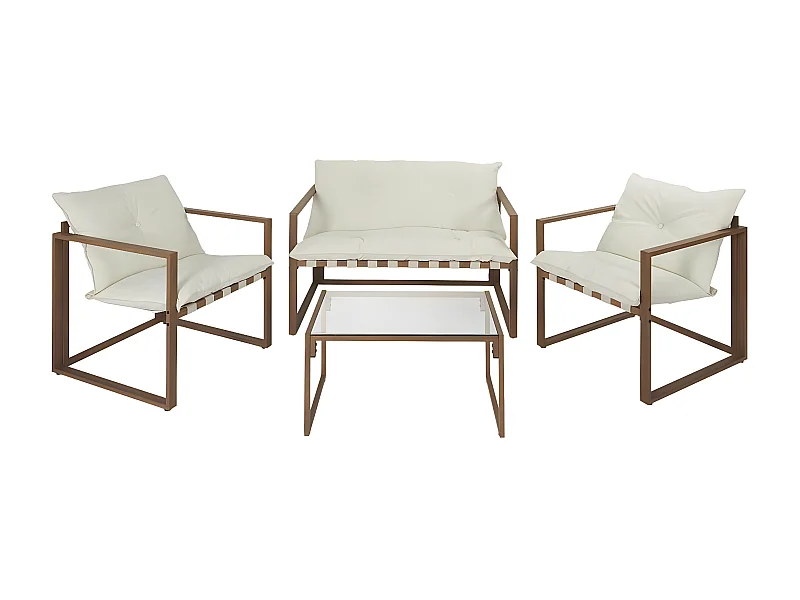 USHA - Salon de Jardin 4 Pièces Marron et Blanc + Coussins
