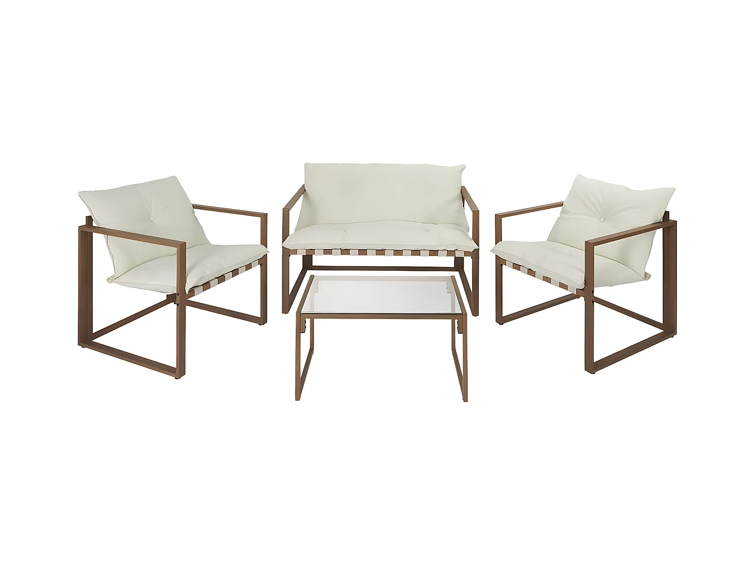 USHA - Salon de Jardin 4 Pièces Marron et Blanc + Coussins