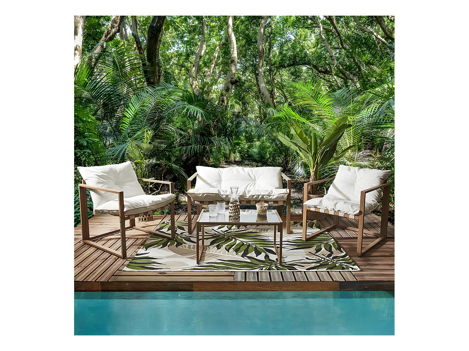 USHA - Salon de Jardin 4 Pièces Marron et Blanc + Coussins