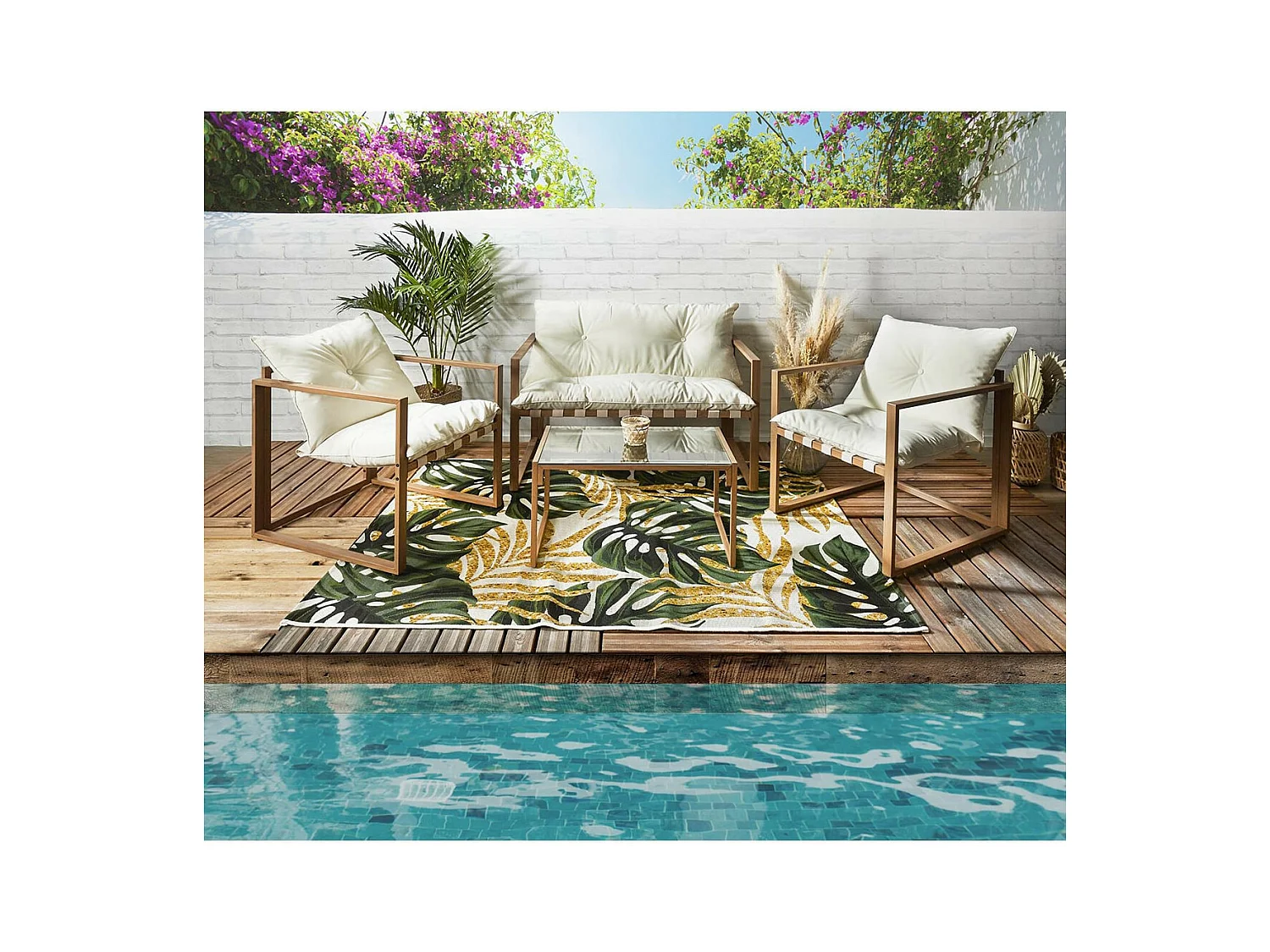 USHA - Salon de Jardin 4 Pièces Marron et Blanc + Coussins