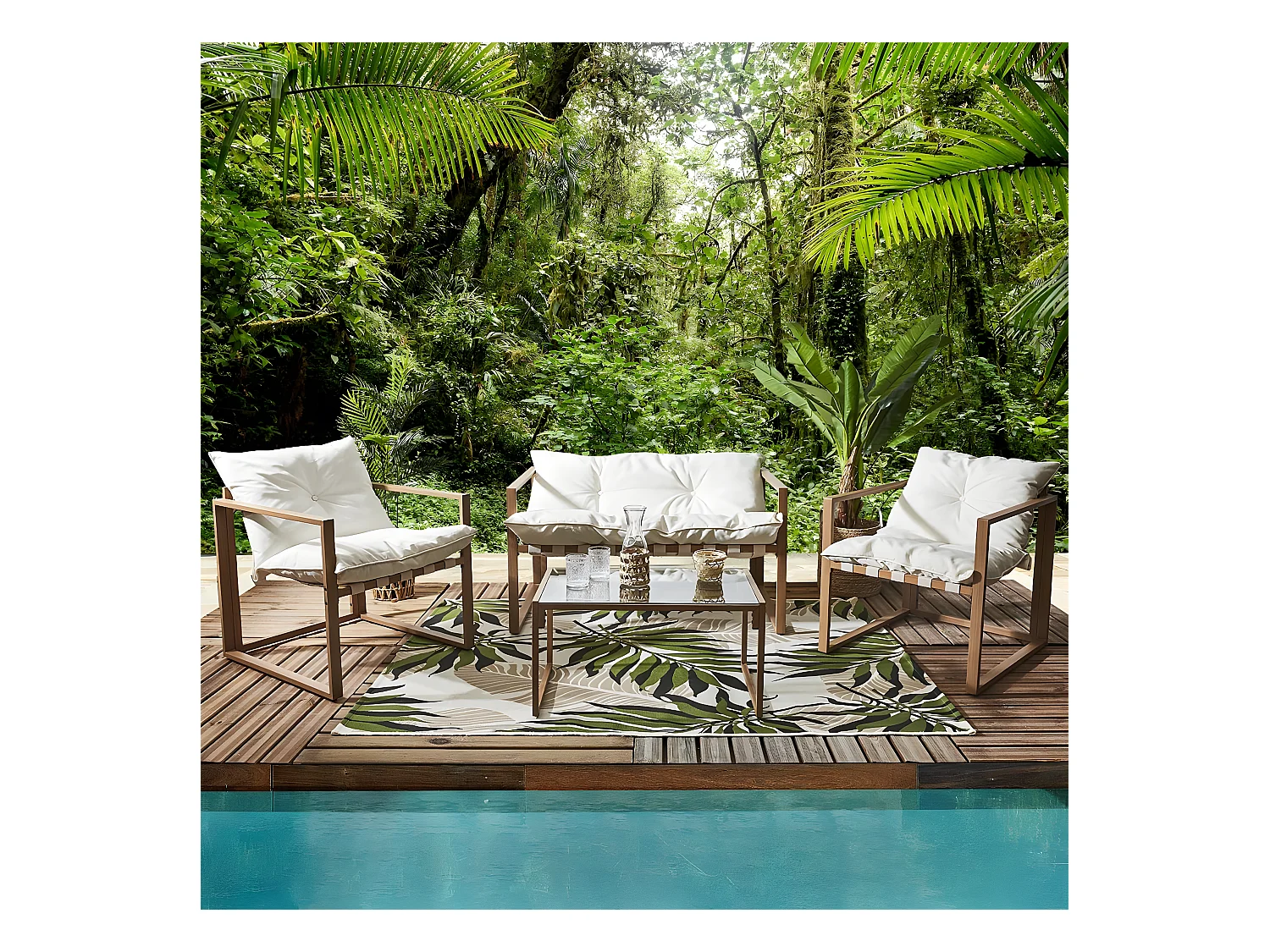 USHA - Salon de Jardin 4 Pièces Marron et Blanc + Coussins