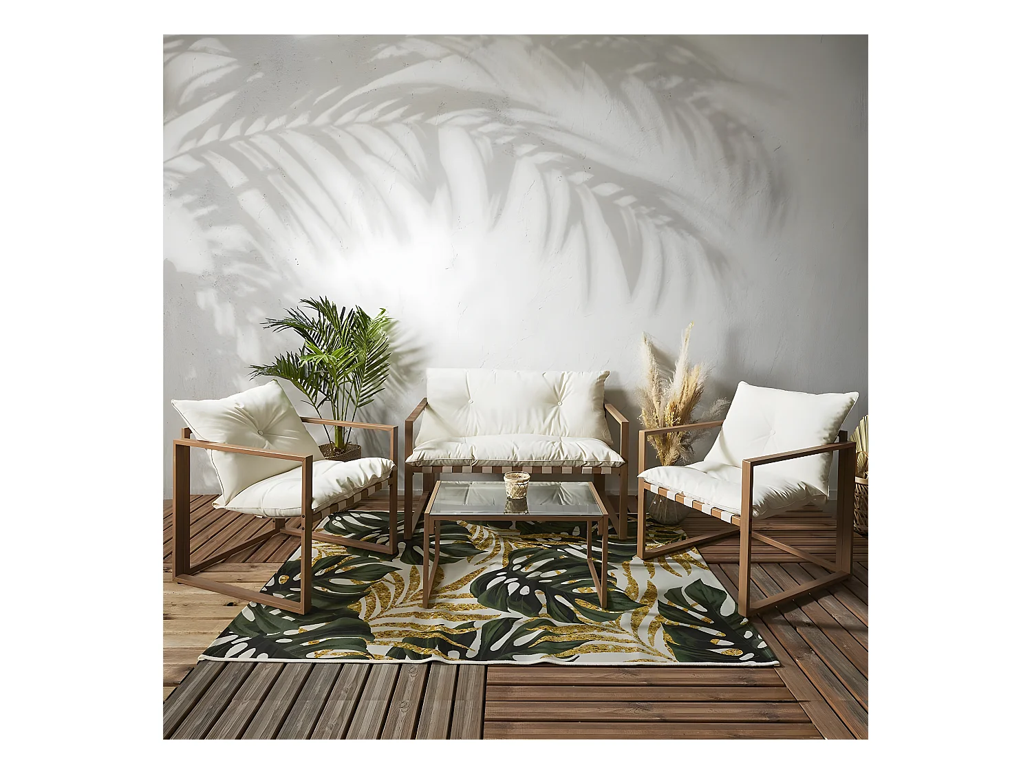 USHA - Salon de Jardin 4 Pièces Marron et Blanc + Coussins