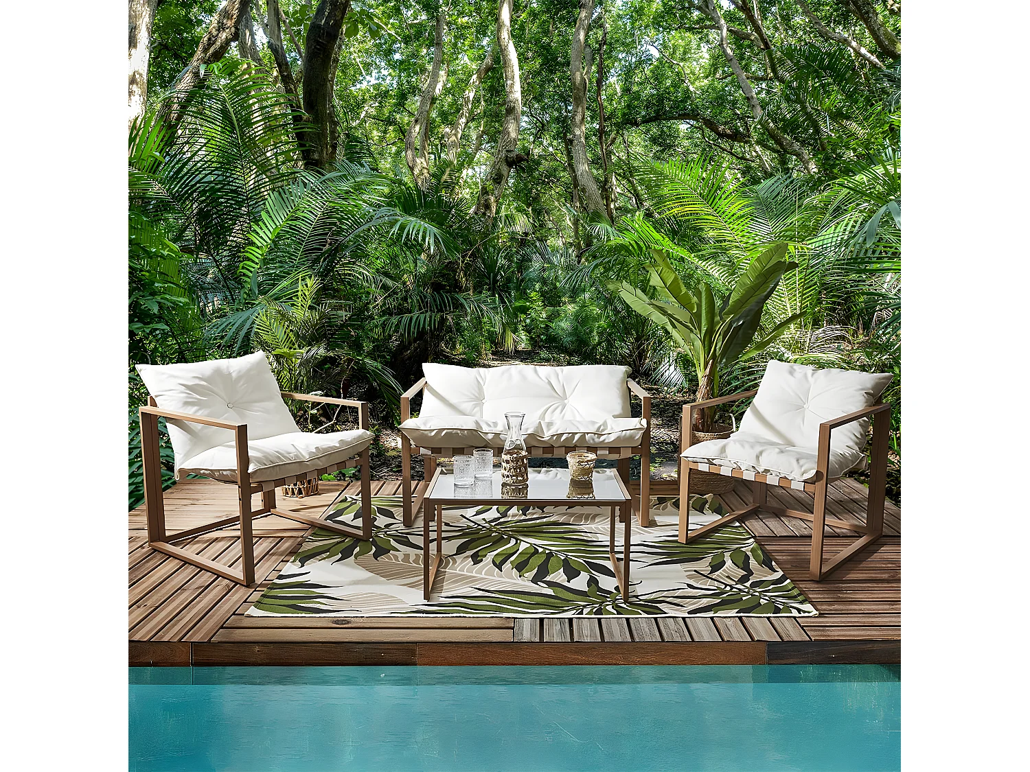 USHA - Salon de Jardin 4 Pièces Marron et Blanc + Coussins