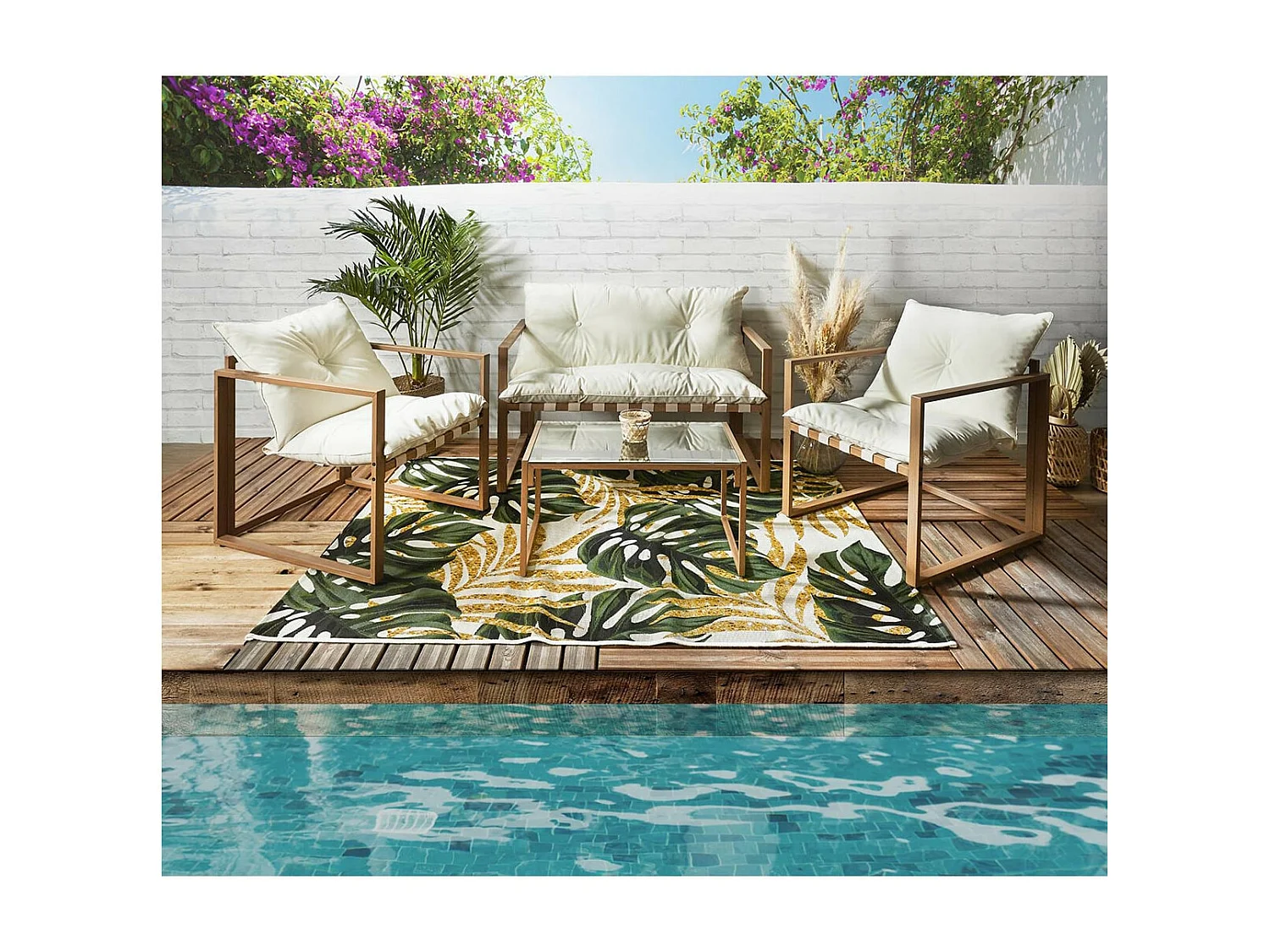 USHA - Salon de Jardin 4 Pièces Marron et Blanc + Coussins