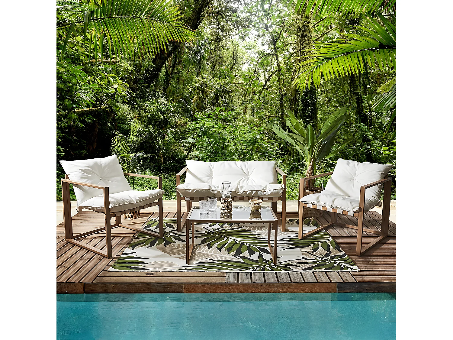 USHA - Salon de Jardin 4 Pièces Marron et Blanc + Coussins