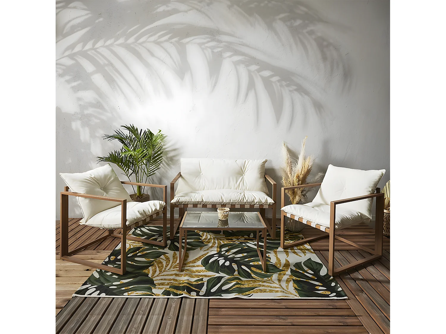 USHA - Salon de Jardin 4 Pièces Marron et Blanc + Coussins