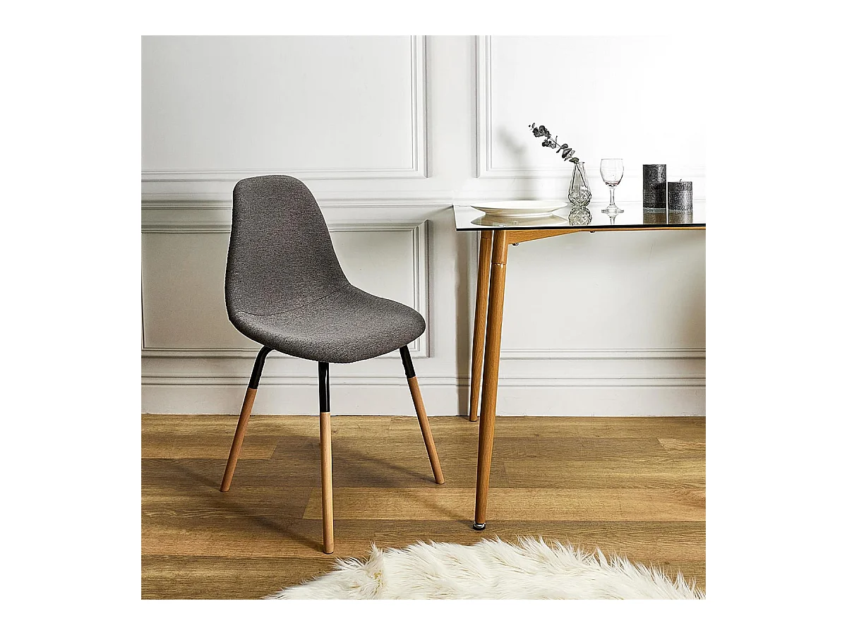 FLUK - Lot de 6 Chaises Tissu Gris Chiné Foncé et Bois