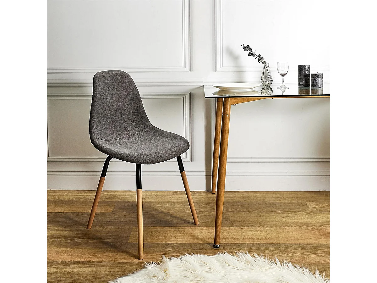 FLUK - Lot de 6 Chaises Tissu Gris Chiné Foncé et Bois