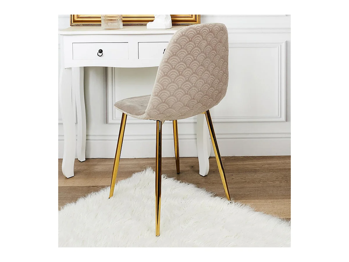 HOLLA - Lot de 2 Chaises Taupe Motif Ecailles Piétement Gold