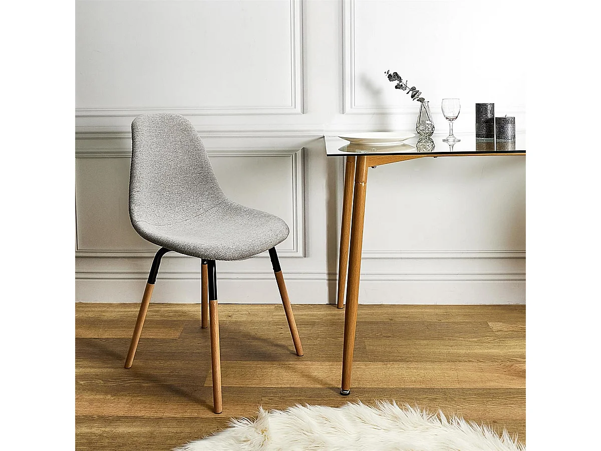 FLUK - Lot de 6 Chaises Tissu Gris Chiné Clair et Bois