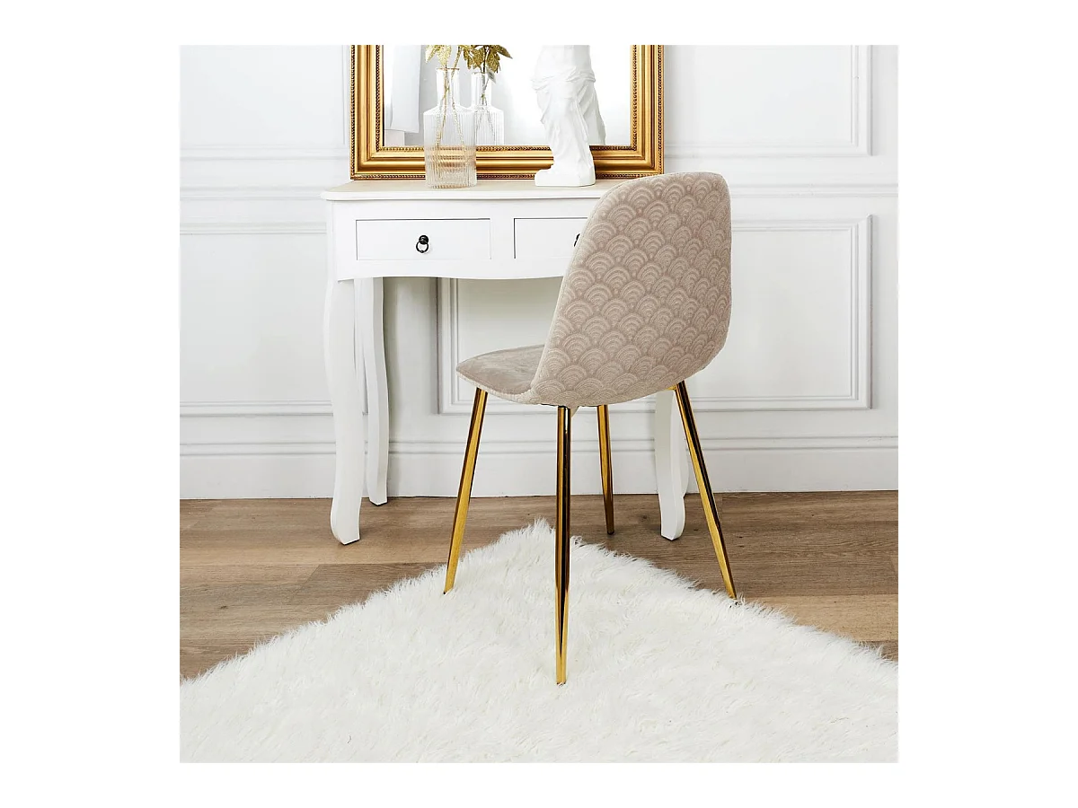 HOLLA - Lot de 6 Chaises Taupe Motif Ecailles Piétement Gold