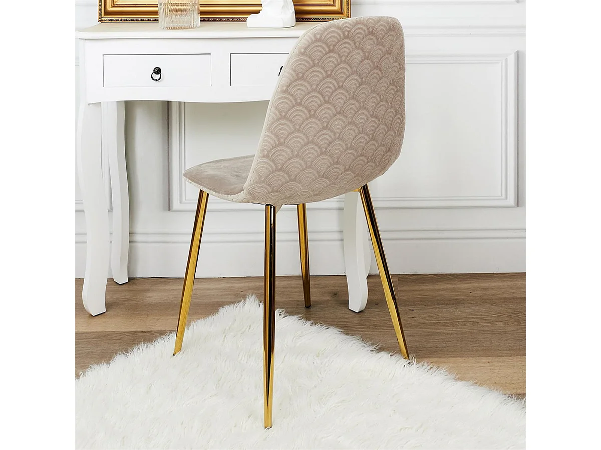 HOLLA - Lot de 6 Chaises Taupe Motif Ecailles Piétement Gold