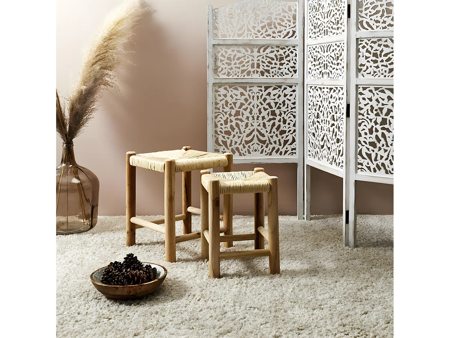 PRISIO - Tabourets Gigognes Tressés en Bois de Paulownia