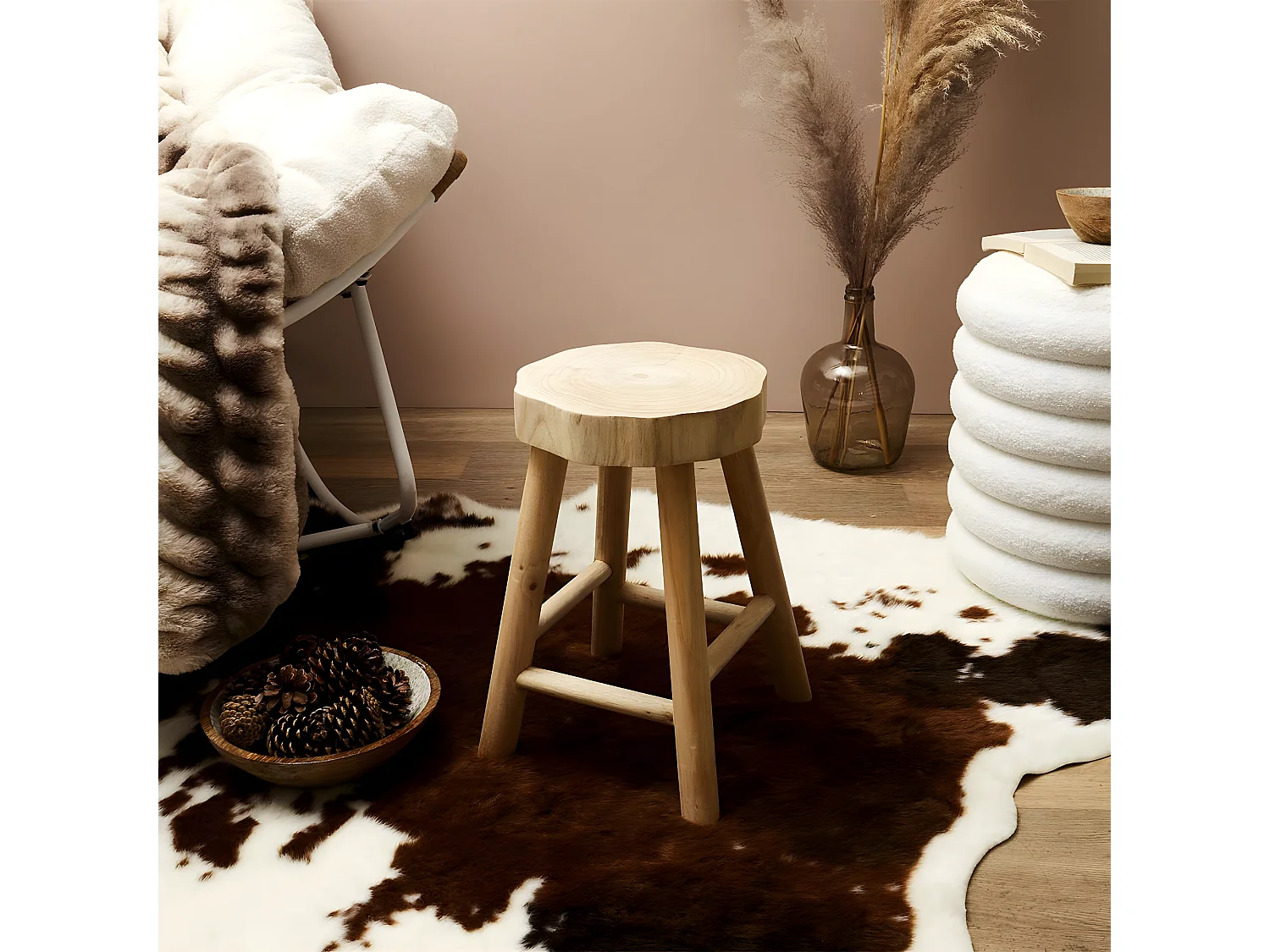 VOLNA - Lot de 2 Tabourets en Bois de Paulownia