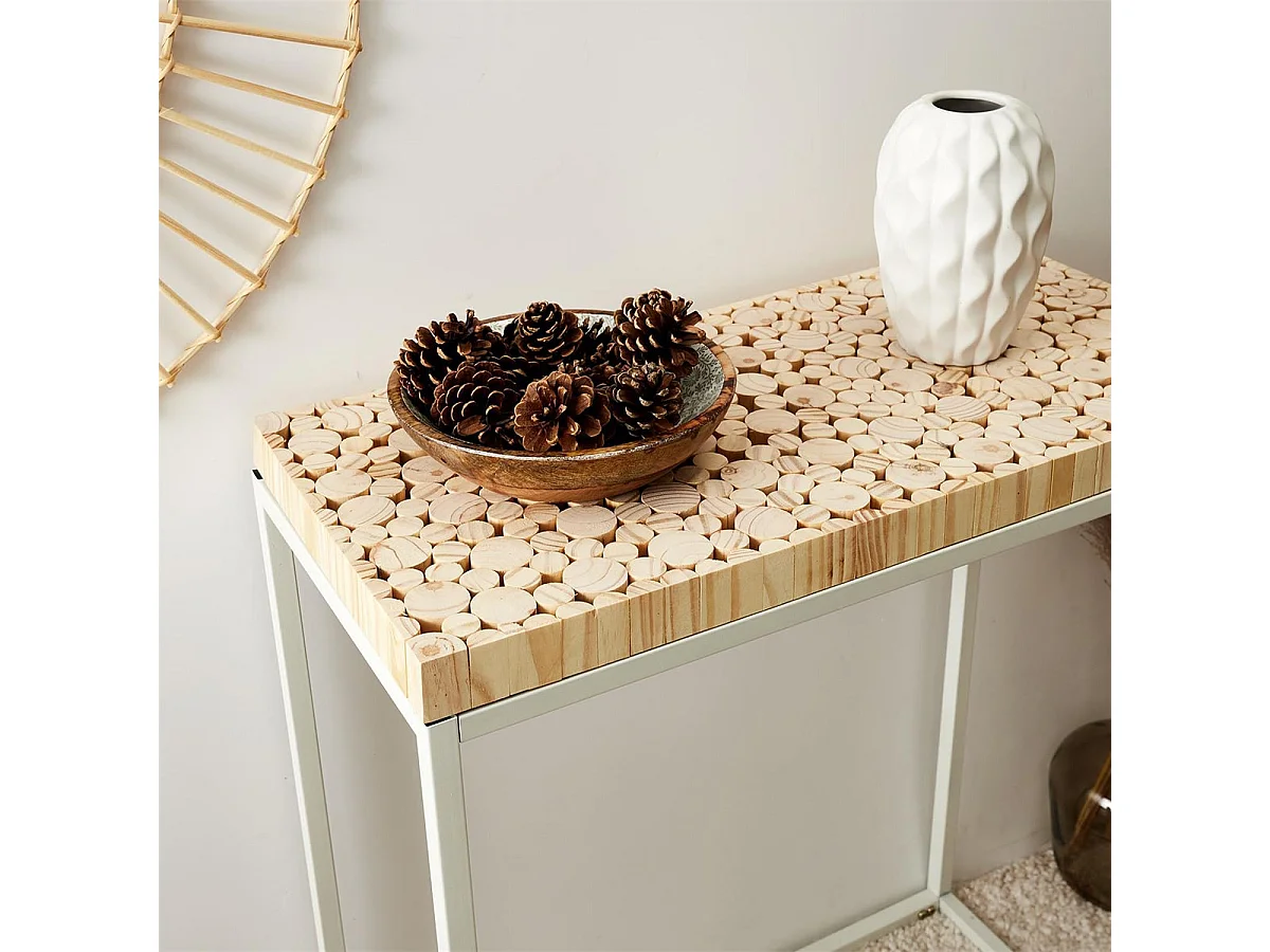 FREJ - Console avec Plateau Rondins de Bois Piétement Métal Blanc