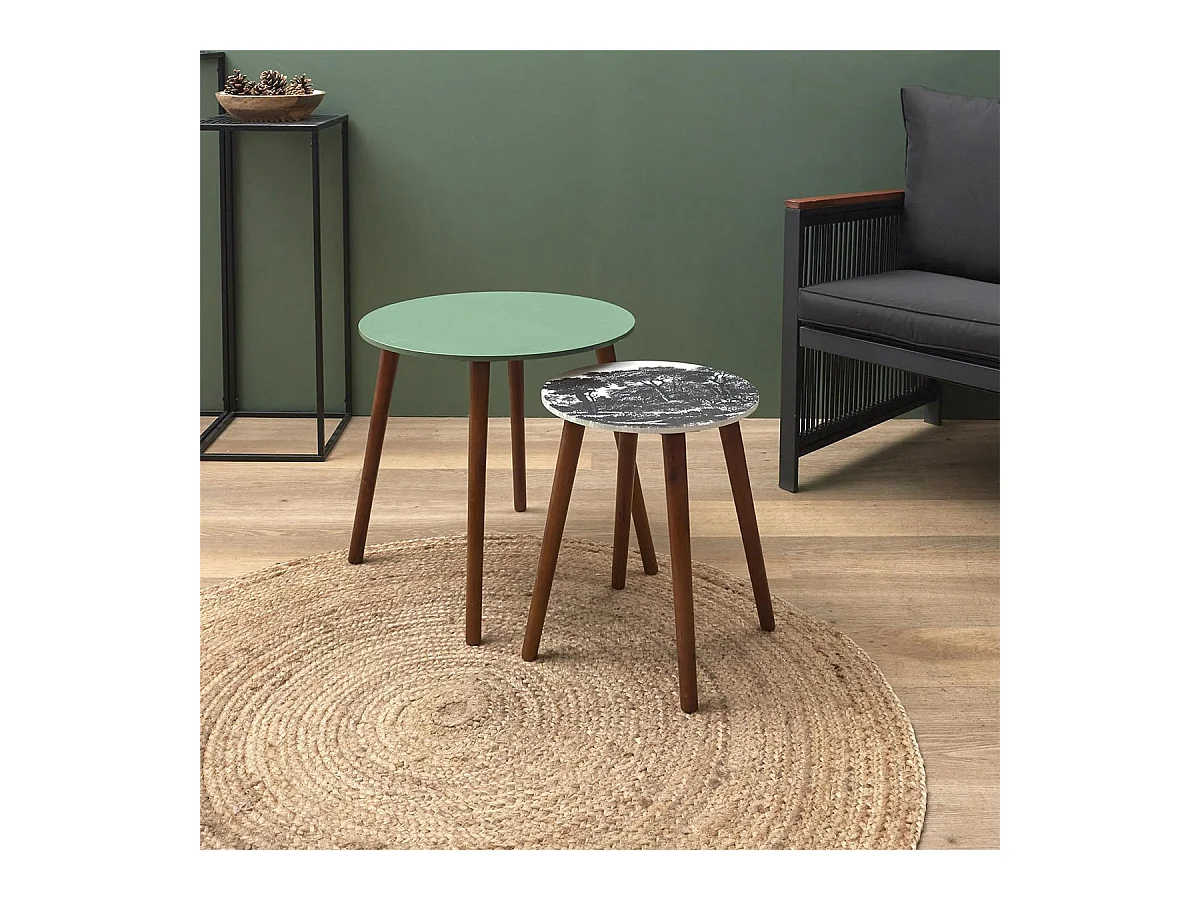 VOSSA - Duo de Tables Gigognes Coloris Vert et Motif Forêt