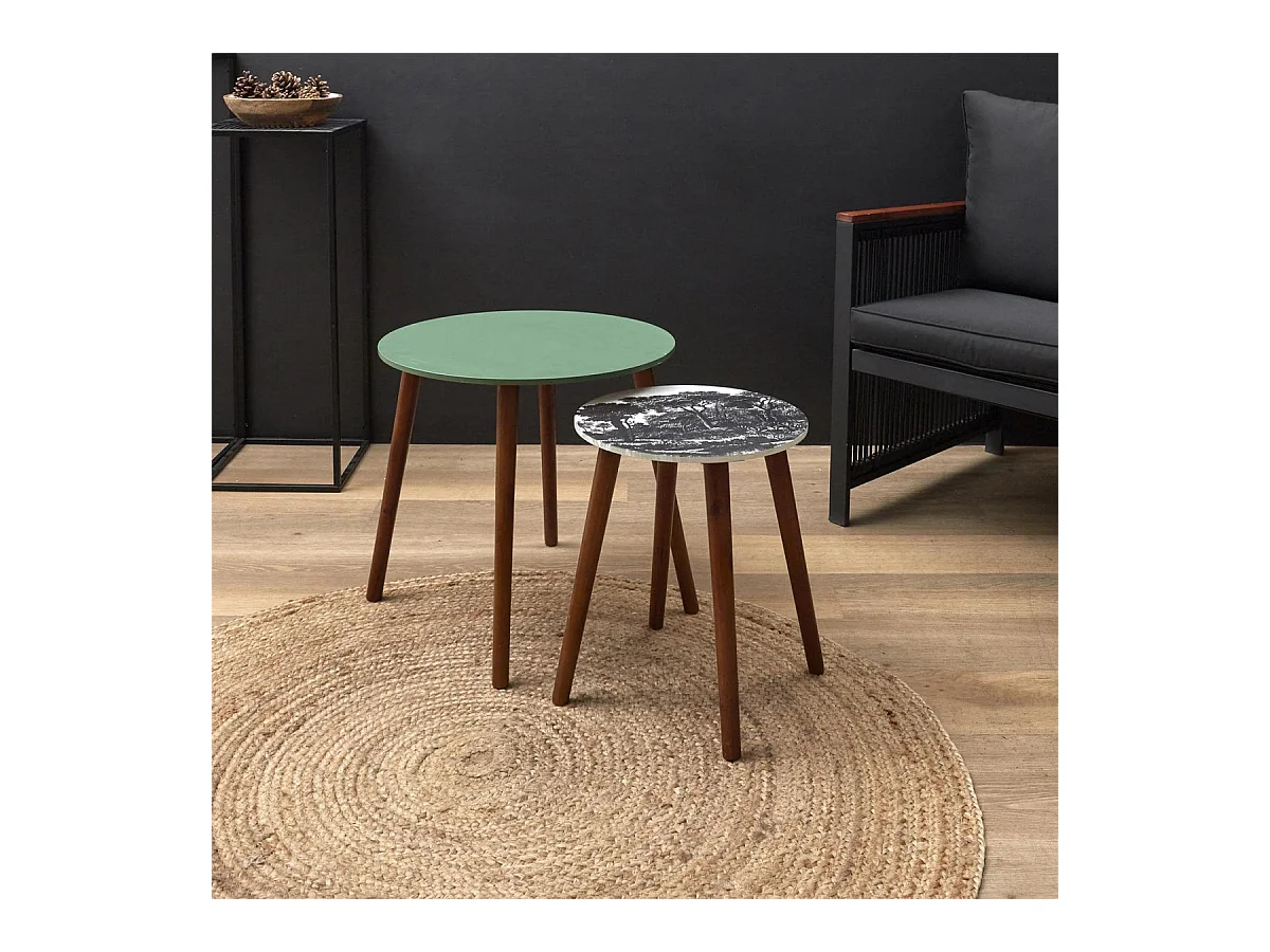 VOSSA - Duo de Tables Gigognes Coloris Vert et Motif Forêt