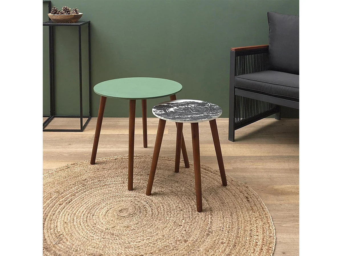 VOSSA - Duo de Tables Gigognes Coloris Vert et Motif Forêt