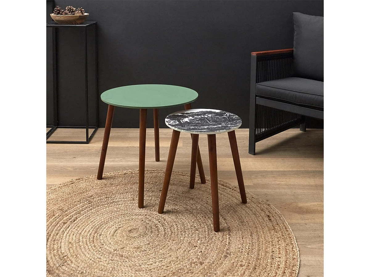 VOSSA - Duo de Tables Gigognes Coloris Vert et Motif Forêt