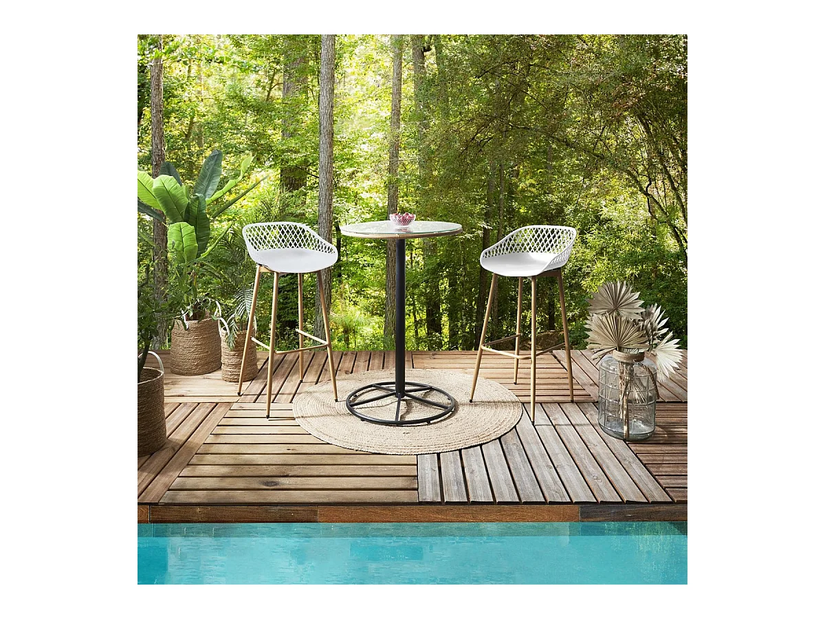 TRESSIE - Lot de 2 Tabourets Blancs Pieds Effet Bois Verni