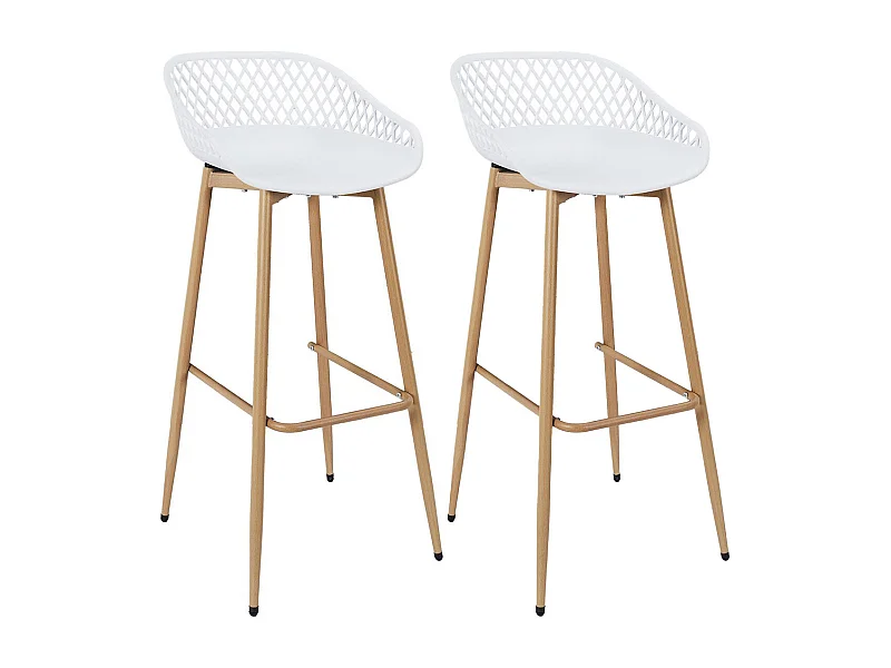 TRESSIE - Lot de 2 Tabourets Blancs Pieds Effet Bois Verni