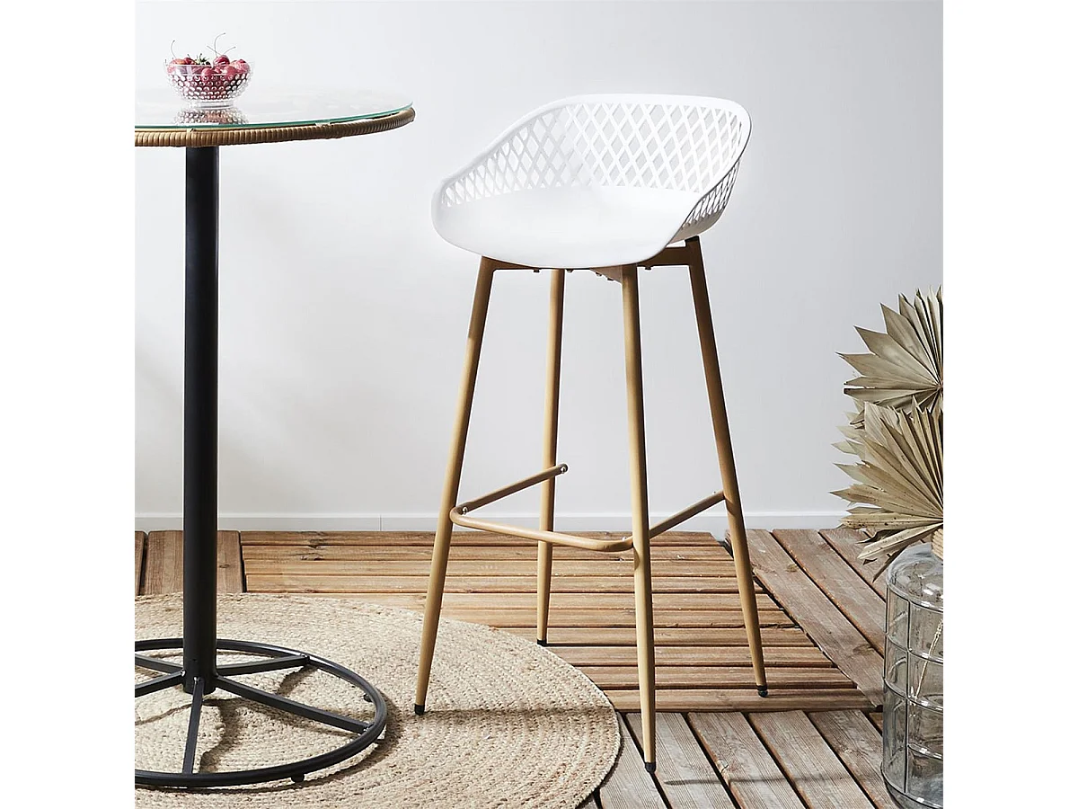 TRESSIE - Lot de 4 Tabourets Blancs Pieds Effet Bois Verni