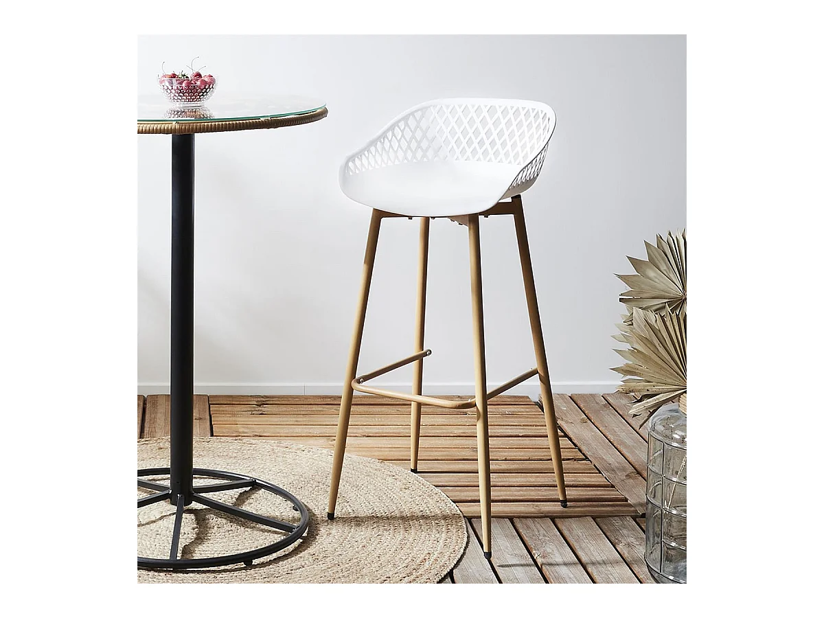 TRESSIE - Lot de 6 Tabourets Blancs Pieds Effet Bois Verni