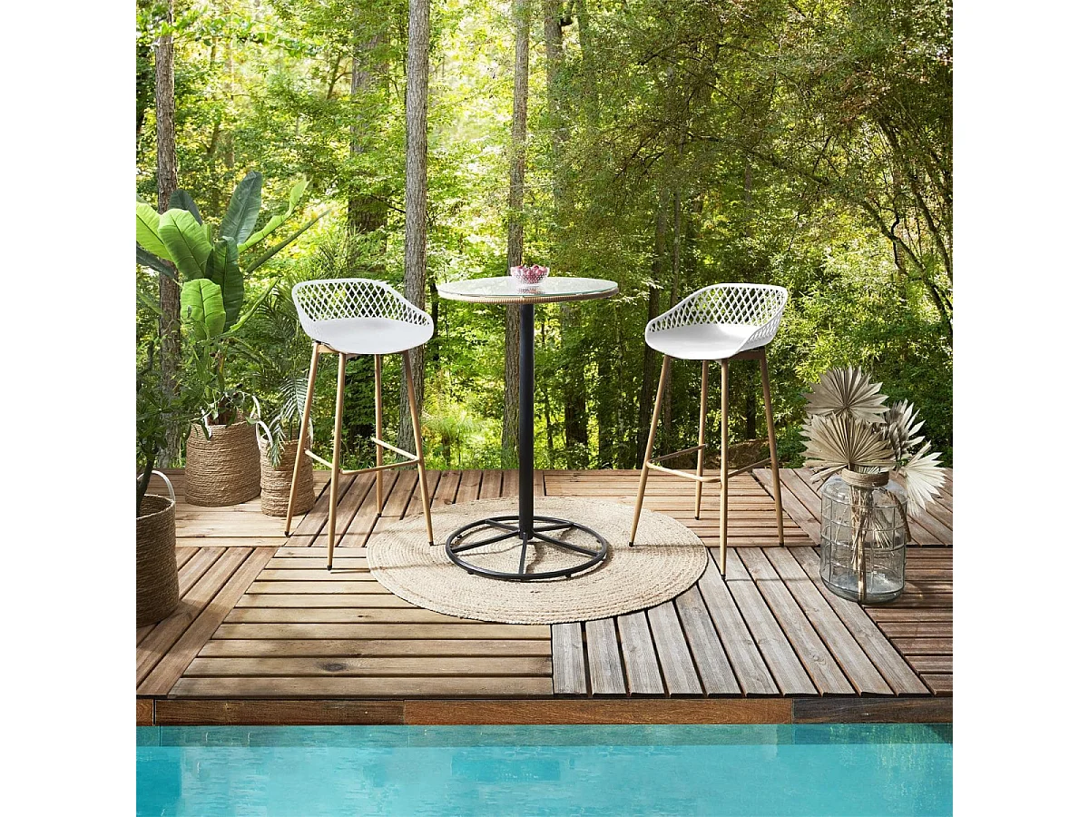 TRESSIE - Lot de 6 Tabourets Blancs Pieds Effet Bois Verni